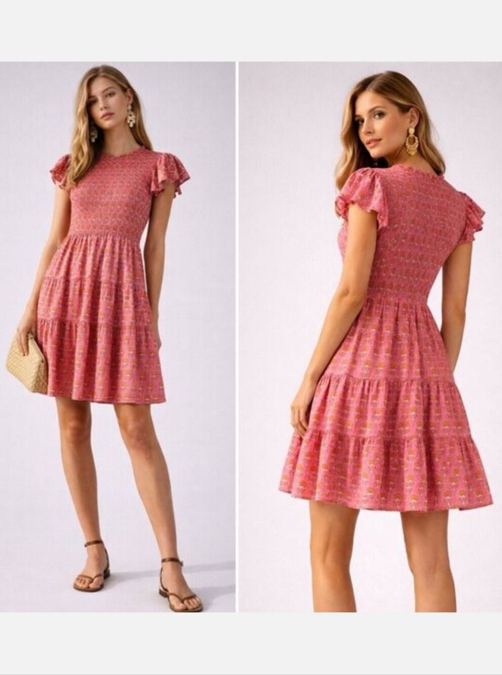 J Marie Elena Smocked Tiered Mini Dress Floral Block Print Pink Bohemian Size S
